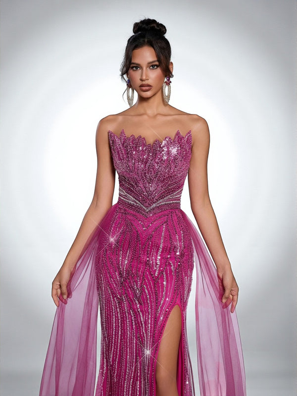 Vestido de Festa Pink Vestido de Festa Super Luxo Tomara que Caia Paetê Cauda Dupla Itália