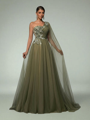 Vestido de Festa Longo Manga Única Capa Bordado Boston