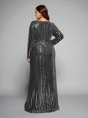 Vestido de Festa Longo Plus Size Manga Longa Paetê Helena