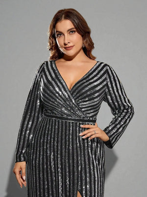 Vestido de Festa Longo Plus Size Manga Longa Paetê Helena