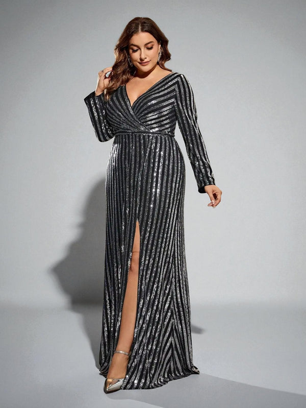 Vestido de Festa Longo Plus Size Manga Longa Paetê Helena