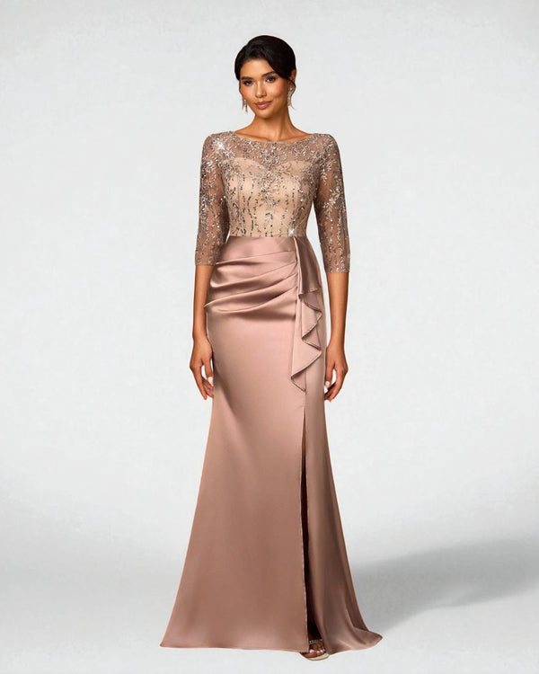 Vestido de Festa Champanhe Vestido de Festa Longo com Renda e Manga 3/4 Viena