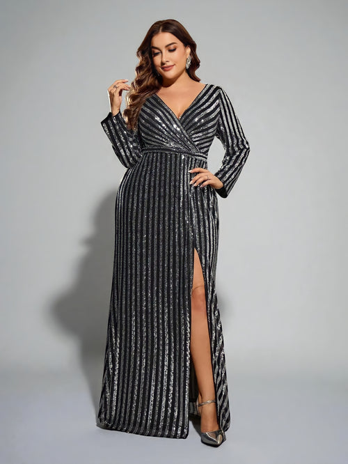 Vestido de Festa Longo Plus Size Manga Longa Paetê Helena