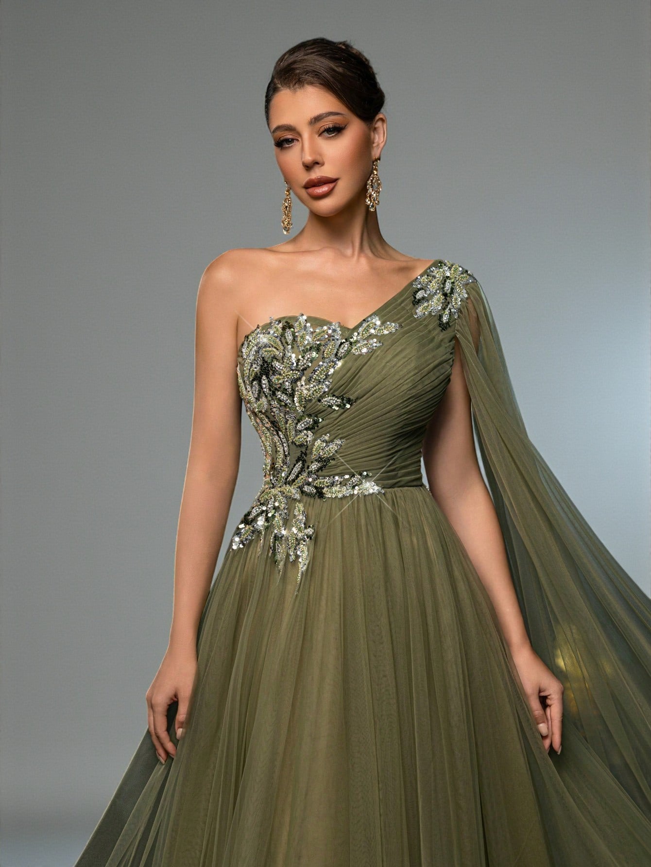 Vestido de Festa Verde Oliva Vestido de Festa Longo Manga Única Capa Bordado Boston