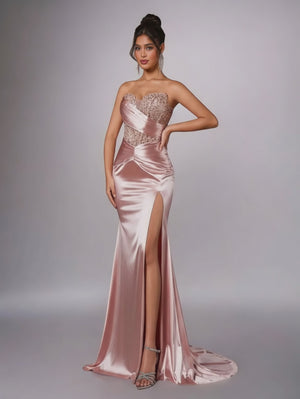 Vestido de Festa Longo Tomara que Caia Acetinado Paetê Lainer