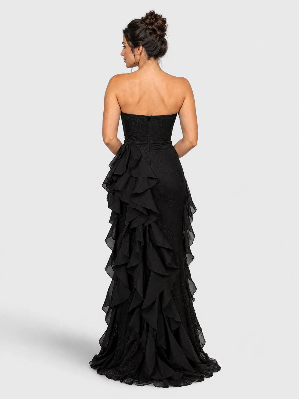 Vestido de festa longo em camadas Milla, preto, vista traseira.