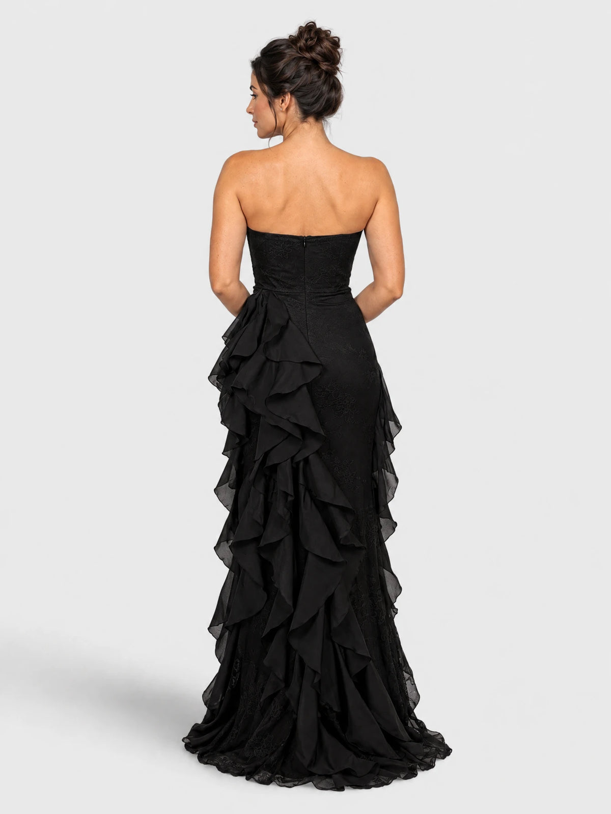 Vestido de festa longo em camadas Milla, preto, vista traseira.
