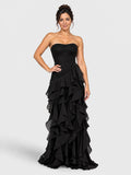 Vestido de festa longo em camadas Milla, preto, vista frontal.