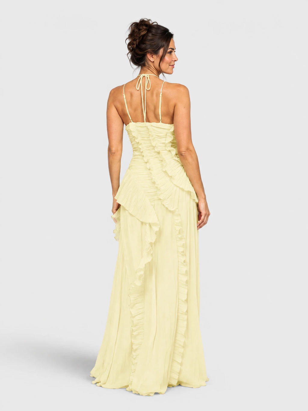 Vestido de Festa Amarelo Vestido de Festa Longo Babados Gola Alta Sunset