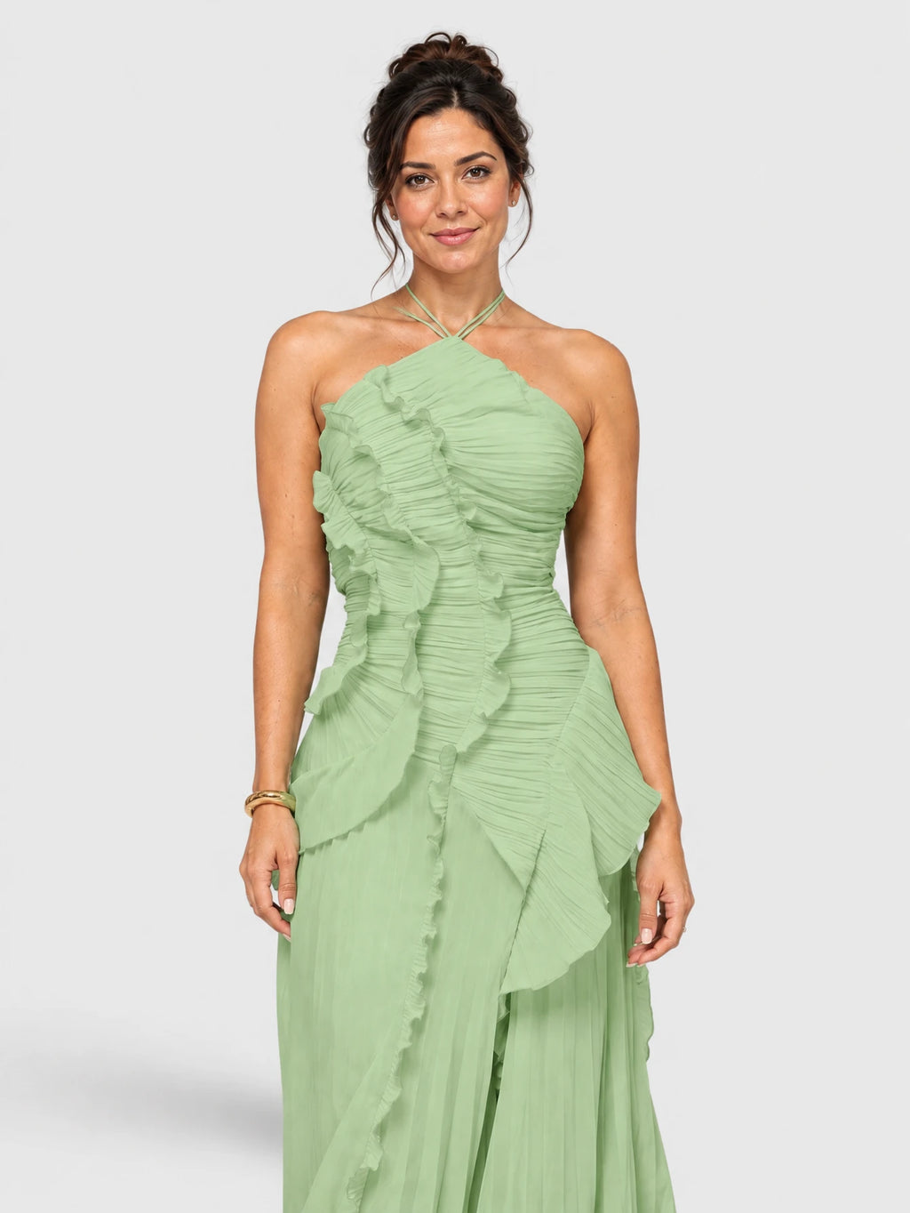 Vestido de Festa Verde Menta Vestido de Festa Longo Babados Gola Alta Sunset