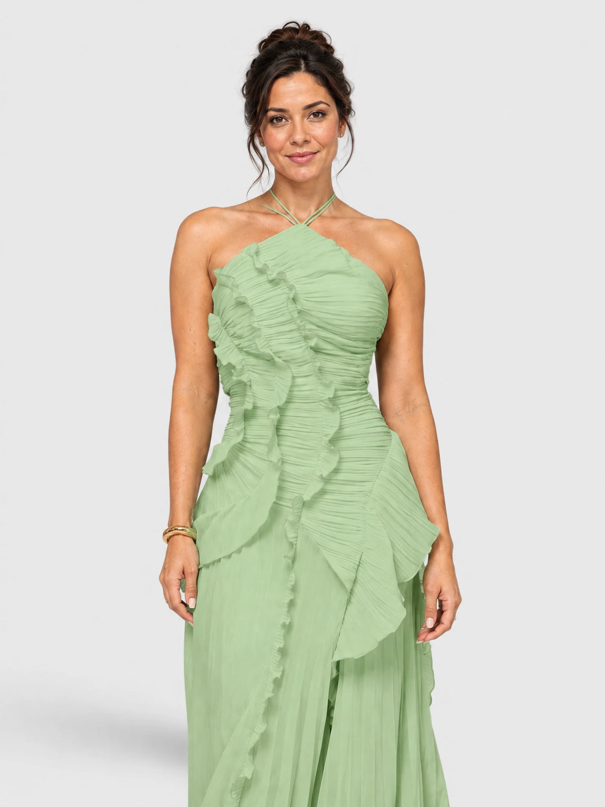 Vestido de Festa Verde Menta Vestido de Festa Longo Babados Gola Alta Sunset