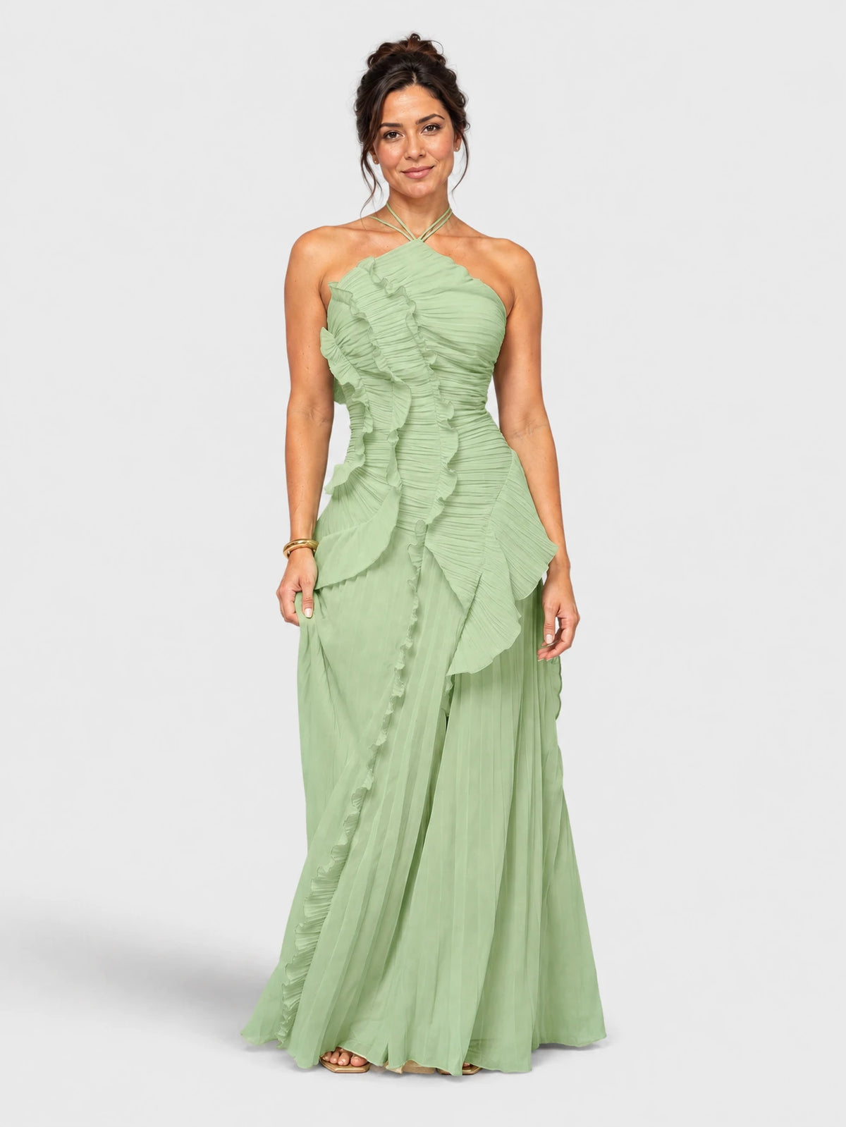 Vestido de Festa Verde Menta Vestido de Festa Longo Babados Gola Alta Sunset