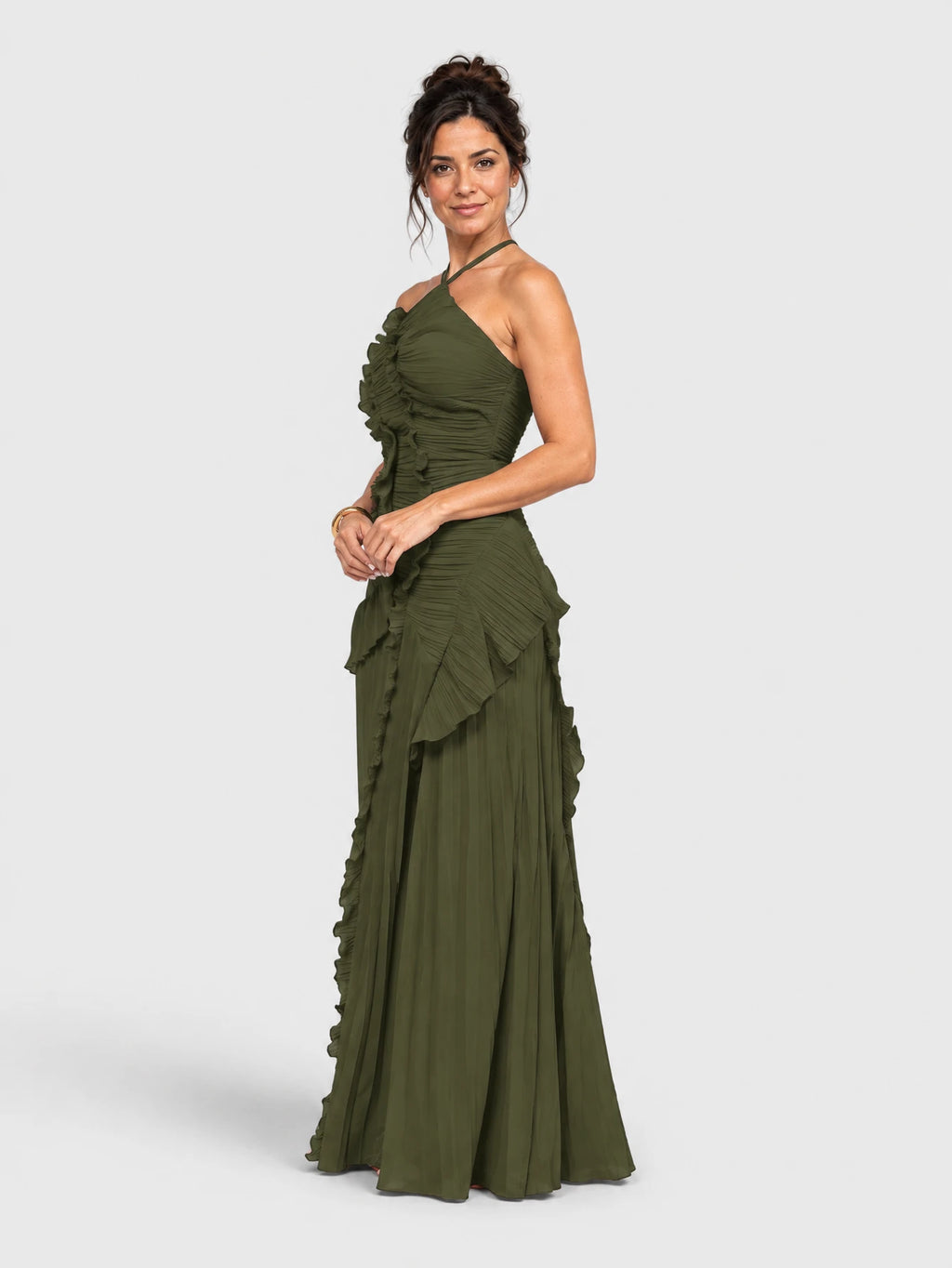Vestido de Festa Verde Oliva Vestido de Festa Longo Babados Gola Alta Sunset