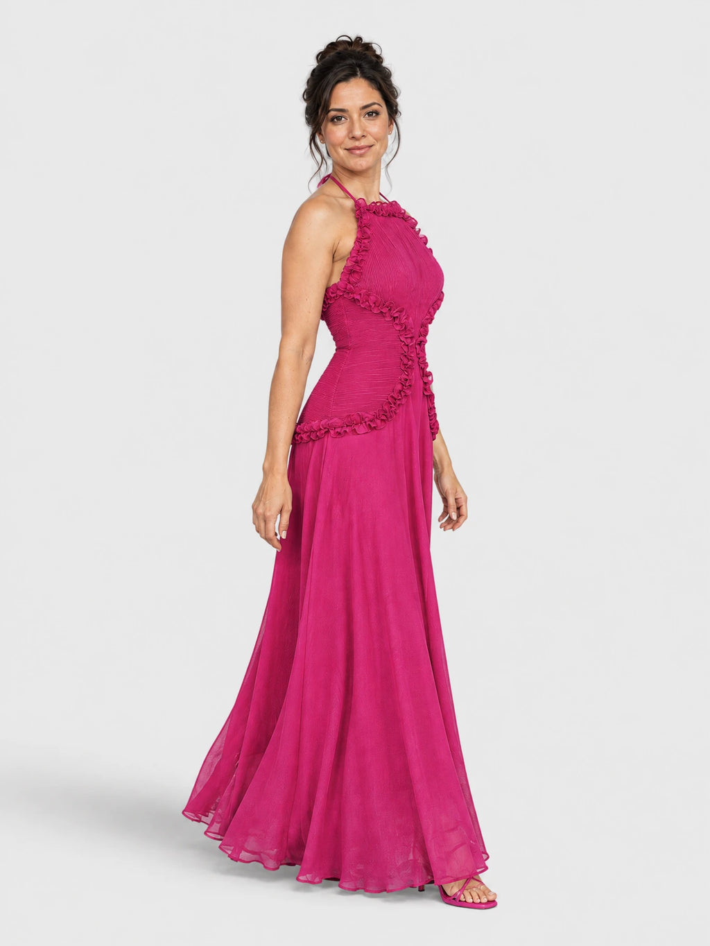 Vestido de festa longo Tabata com babados na cor pink, vista lateral.