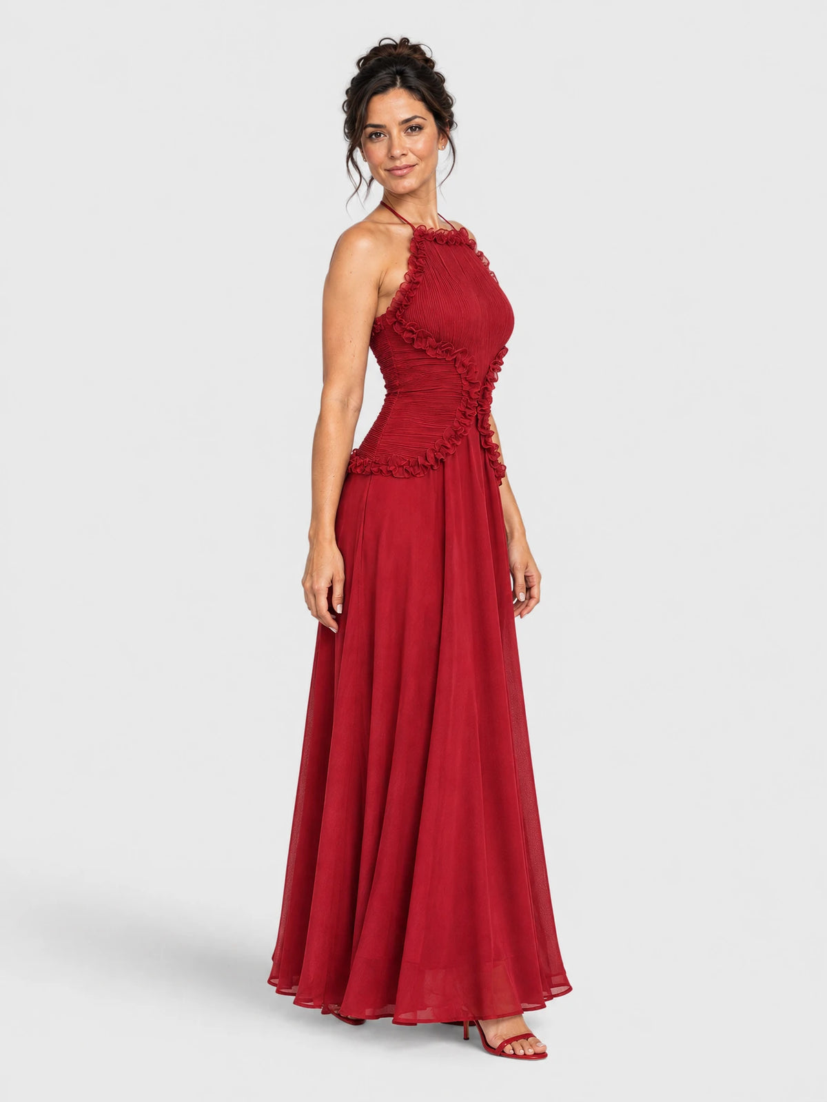 Vestido de festa longo Tabata com babados na cor vermelha, vista lateral.