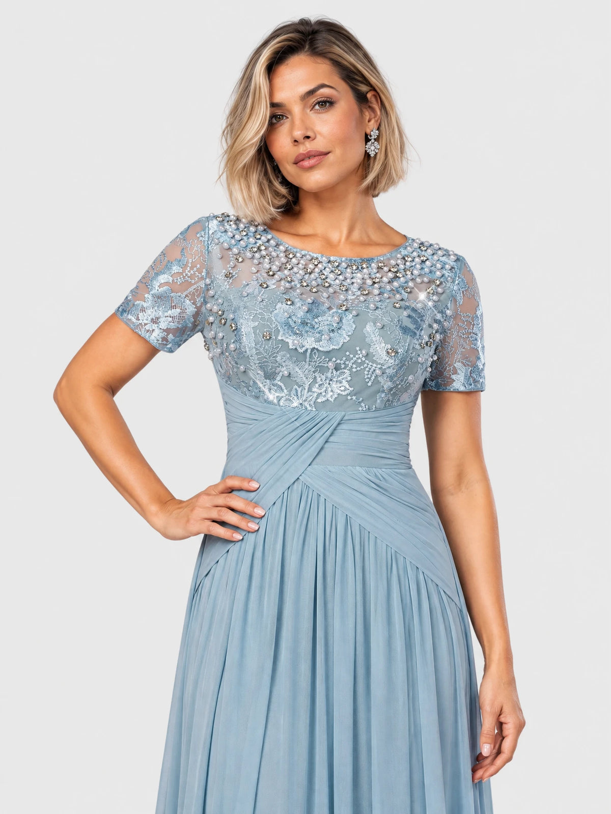 Vestido de Festa Azul Serenity Vestido de Festa Longo Bordado Drapeado Serenity