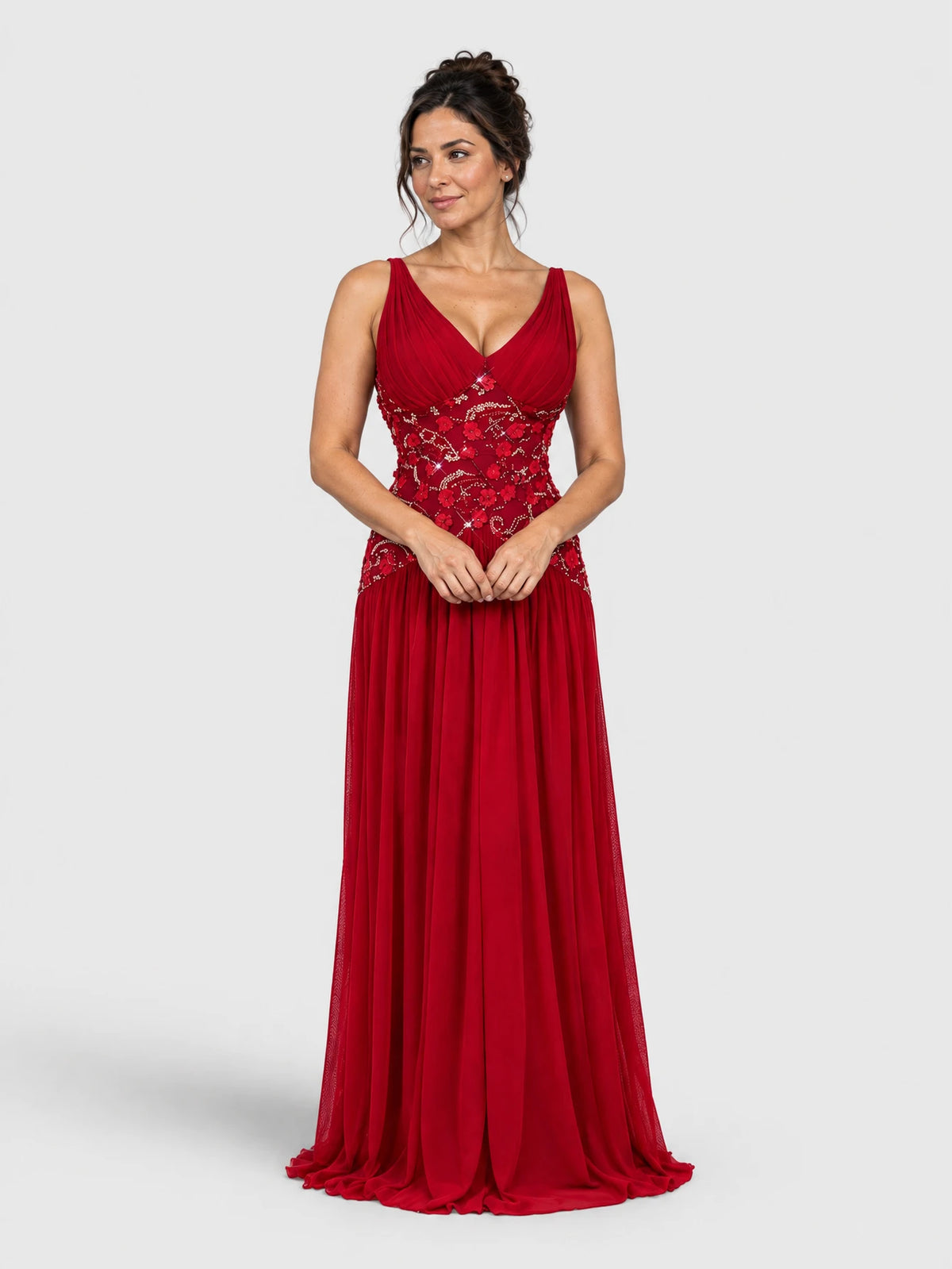 Vestido de festa longo bordado vermelho com gola V, vista frontal.