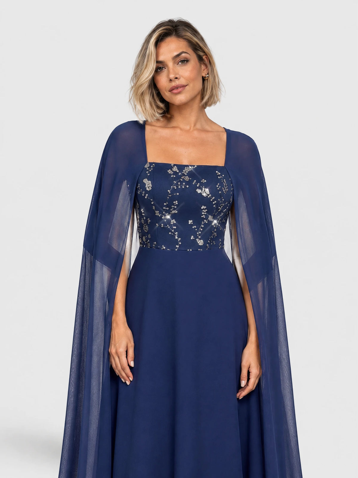 Vestido de Festa Azul Marinho Vestido de Festa Longo com Capa Bordado Toronto