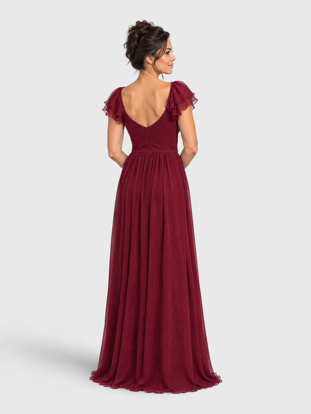 Vestido de festa longo com fenda Paty marsala, vista traseira.
