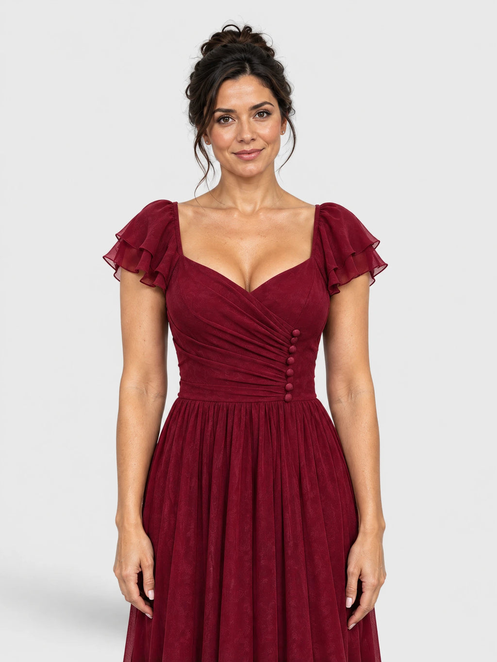 Detalhe do vestido de festa longo com fenda Paty na cor marsala.
