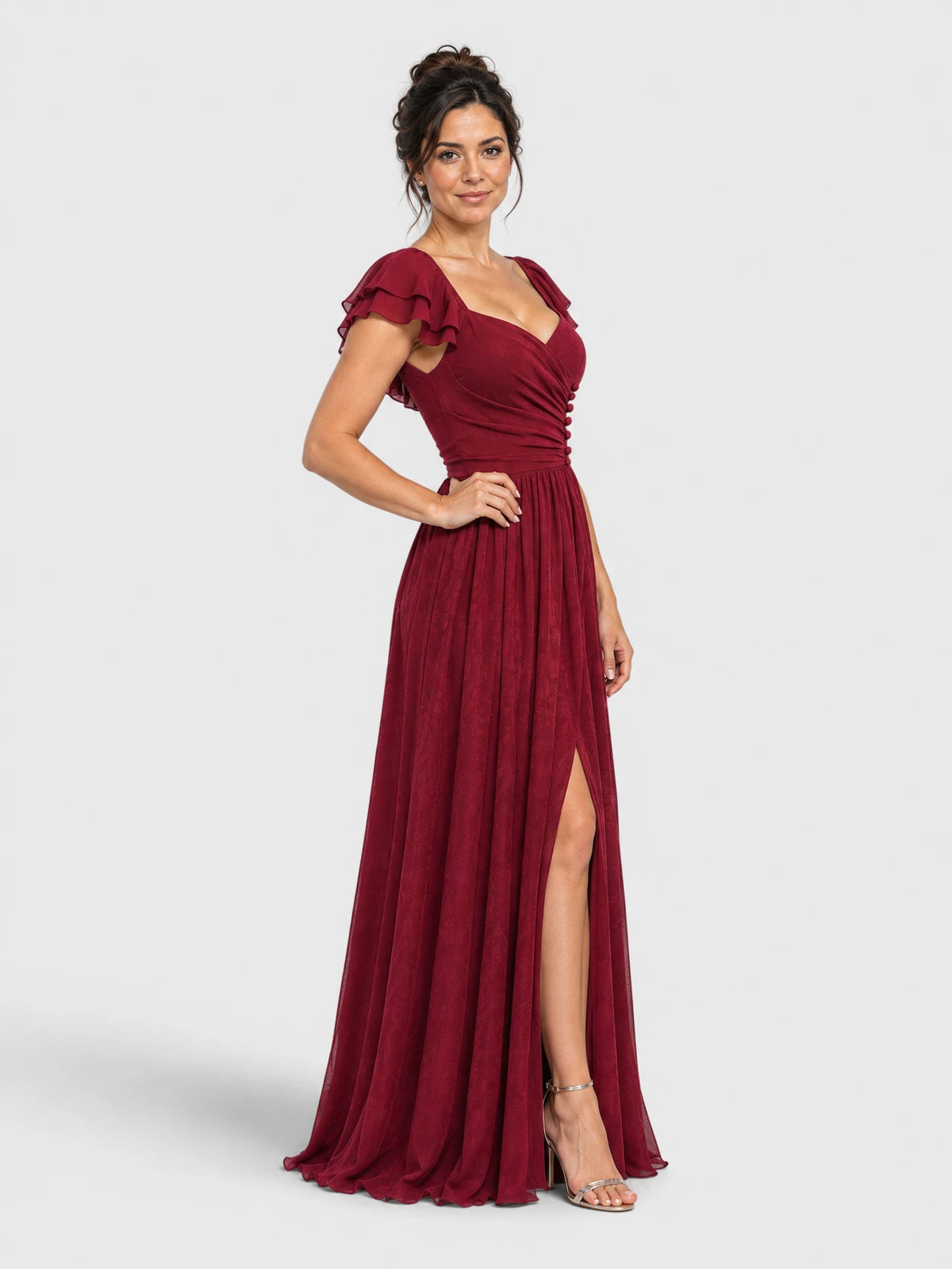 Vestido de festa longo com fenda Paty marsala, vista lateral.
