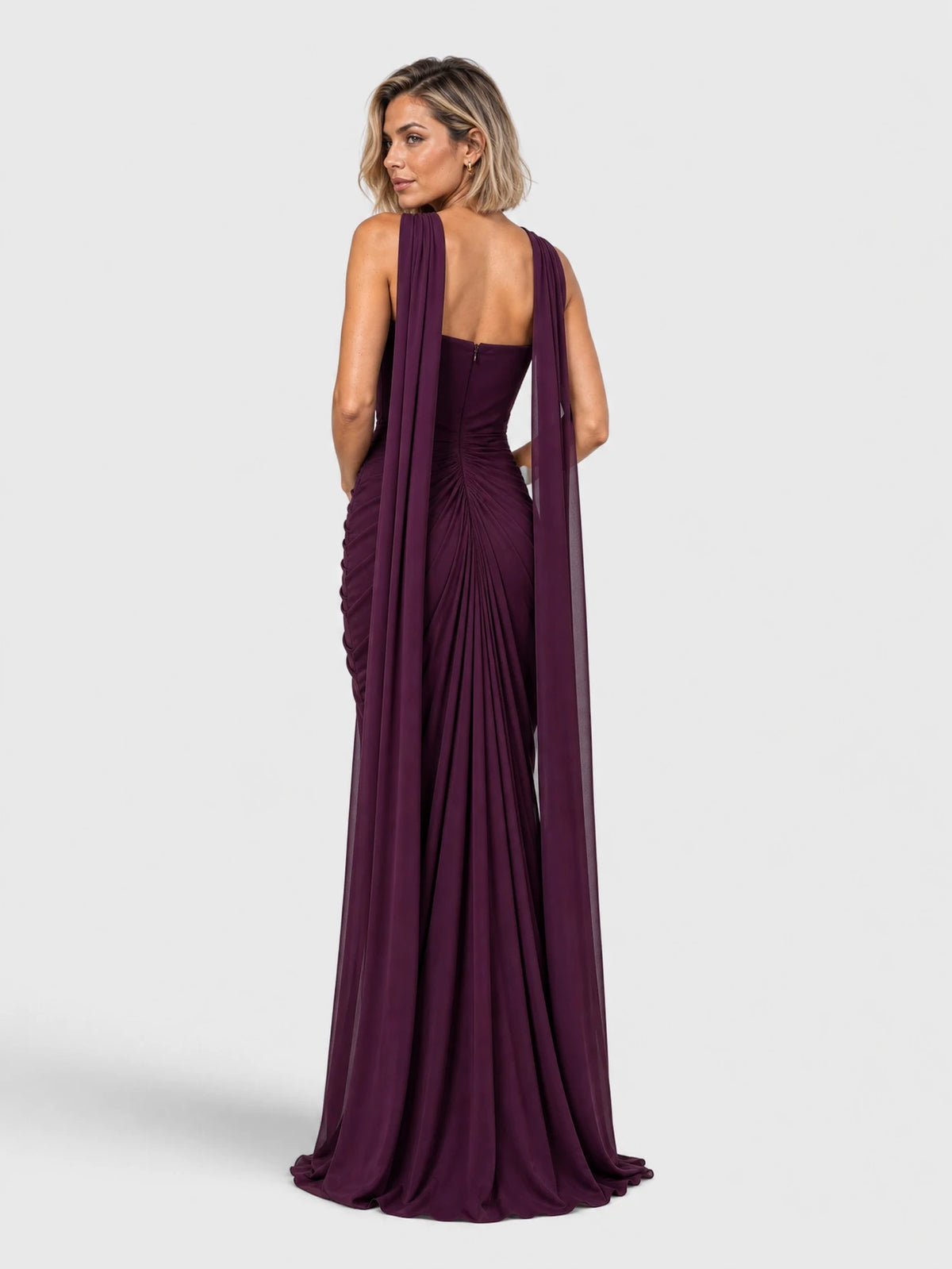 Vestido de Festa Roxo Vestido de Festa Longo Drapeado com Echarpe Monalisa