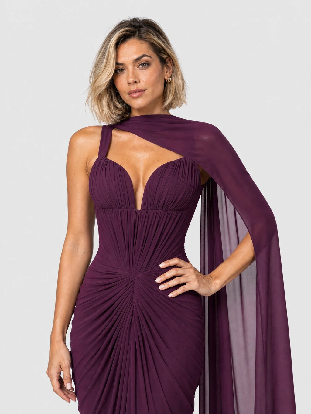 Vestido de Festa Roxo Vestido de Festa Longo Drapeado com Echarpe Monalisa