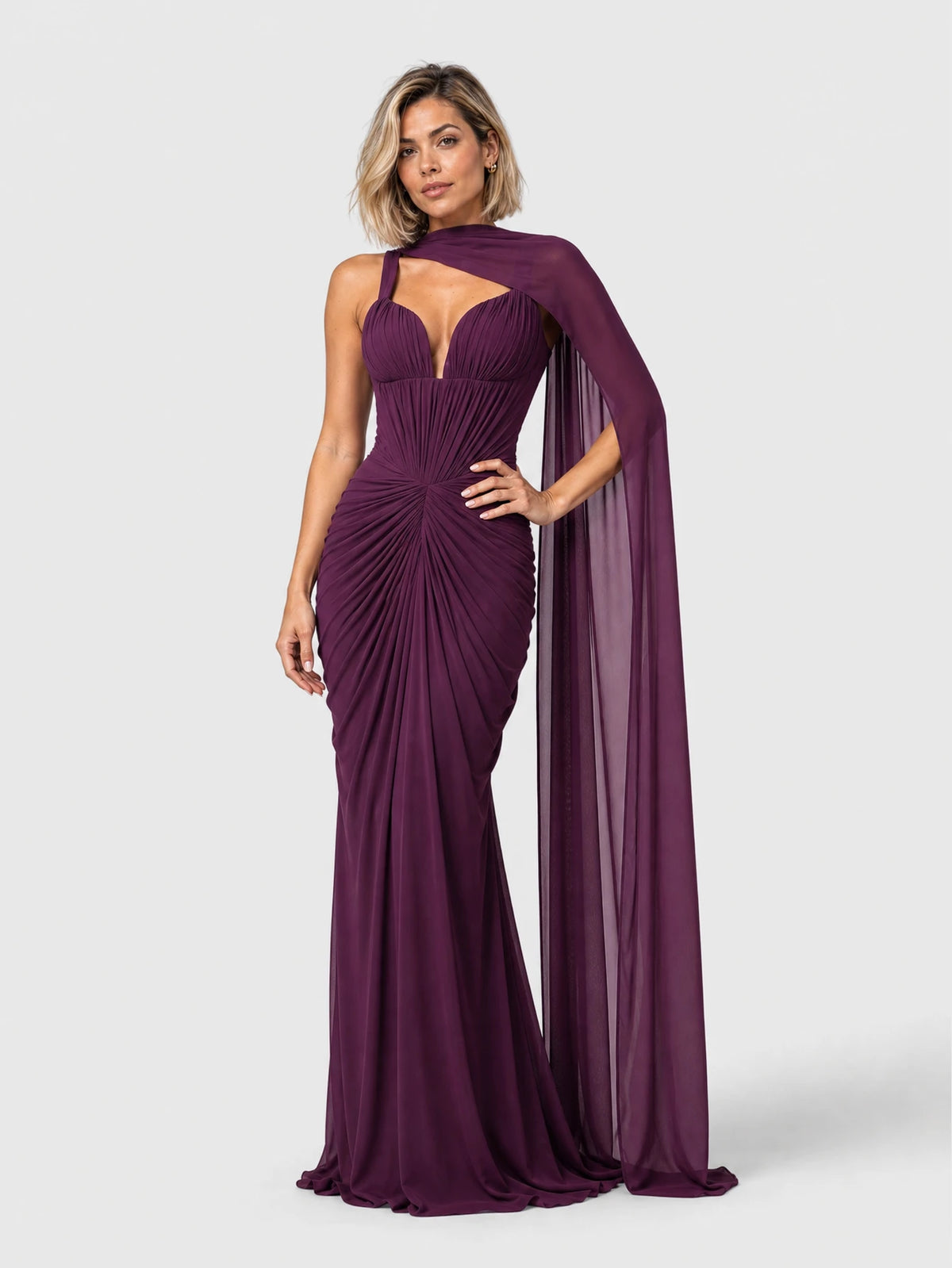 Vestido de Festa Roxo Vestido de Festa Longo Drapeado com Echarpe Monalisa
