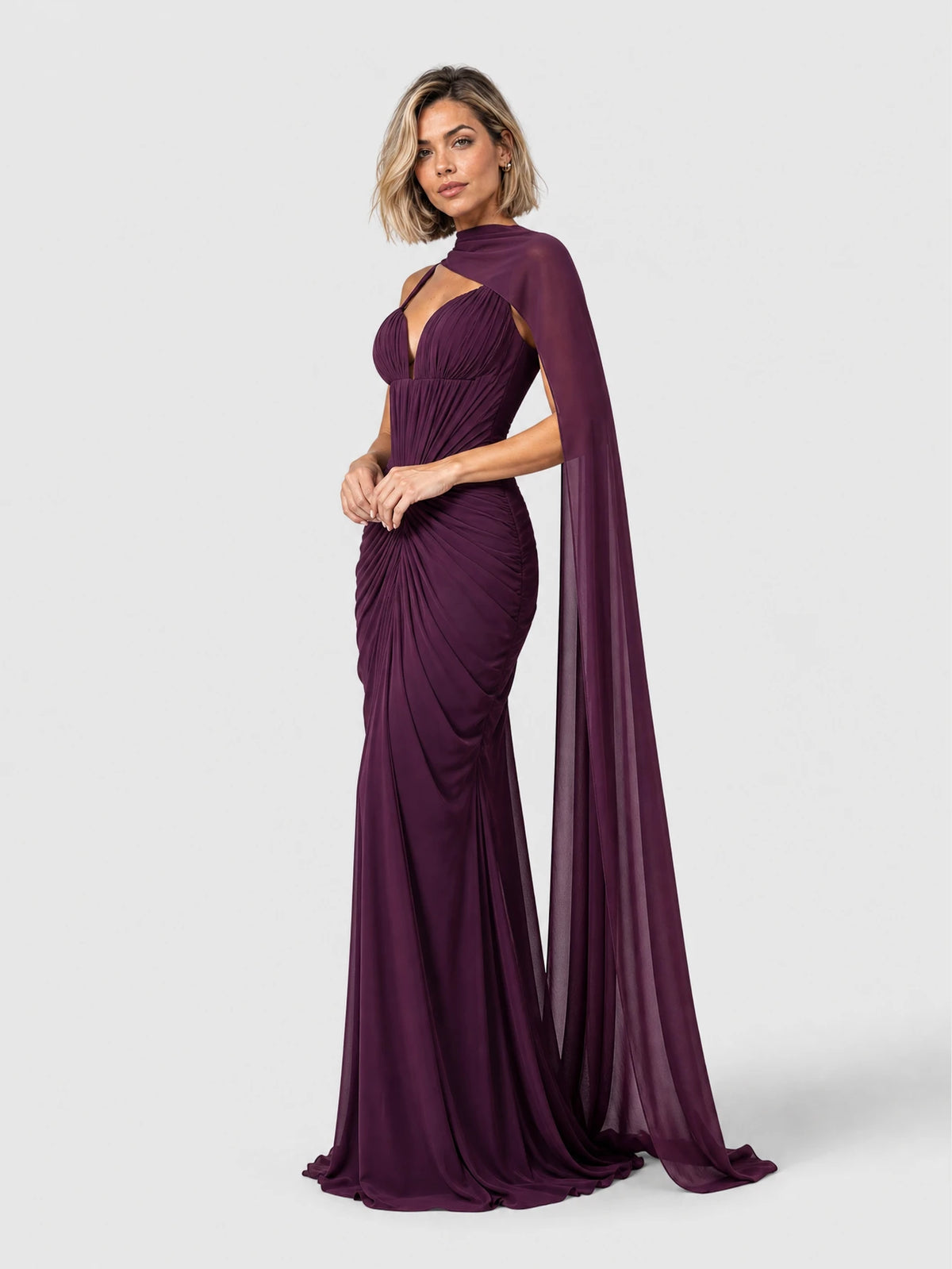 Vestido de Festa Roxo Vestido de Festa Longo Drapeado com Echarpe Monalisa