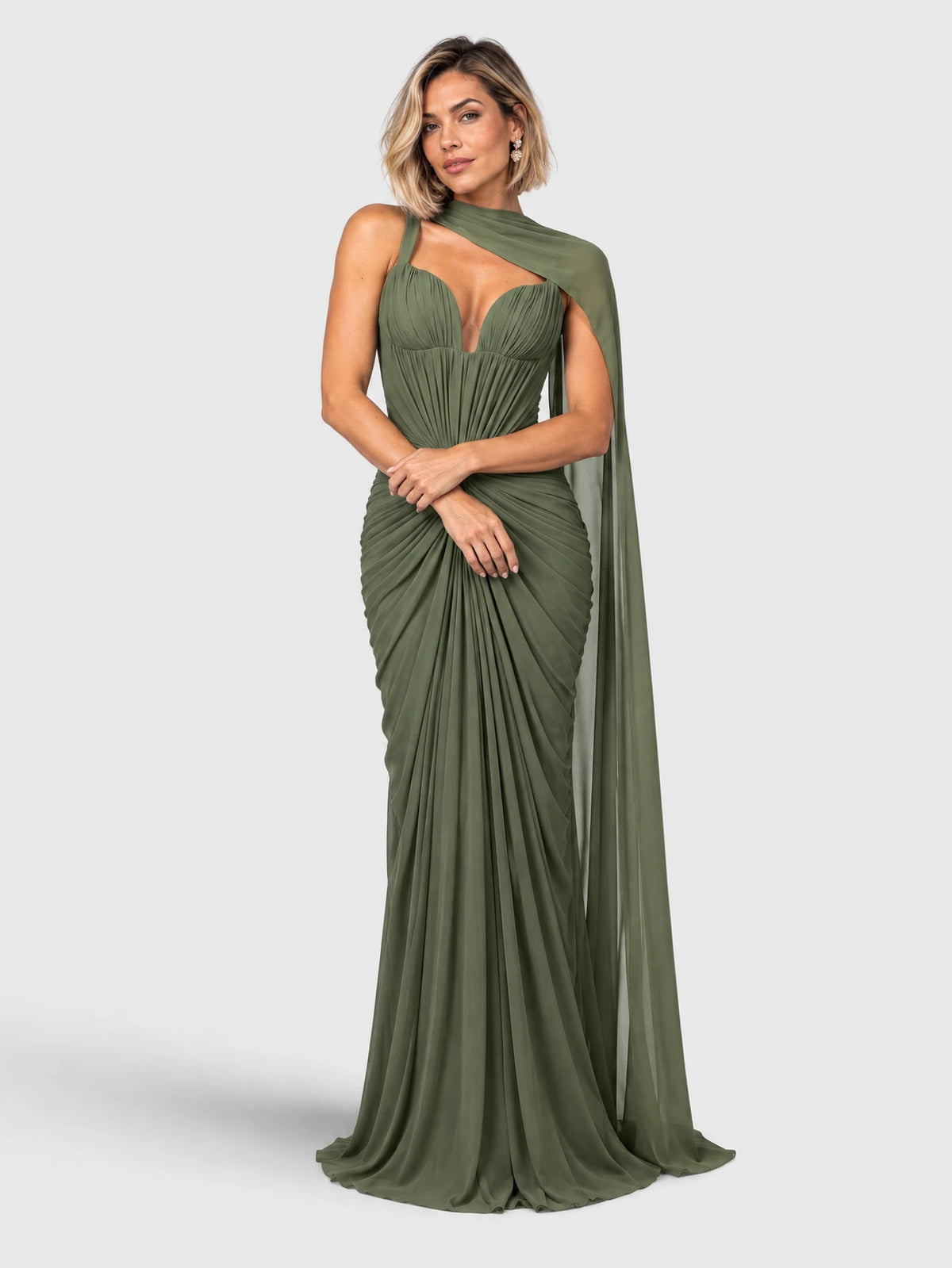 Vestido de Festa Verde Oliva Vestido de Festa Longo Drapeado com Echarpe Monalisa