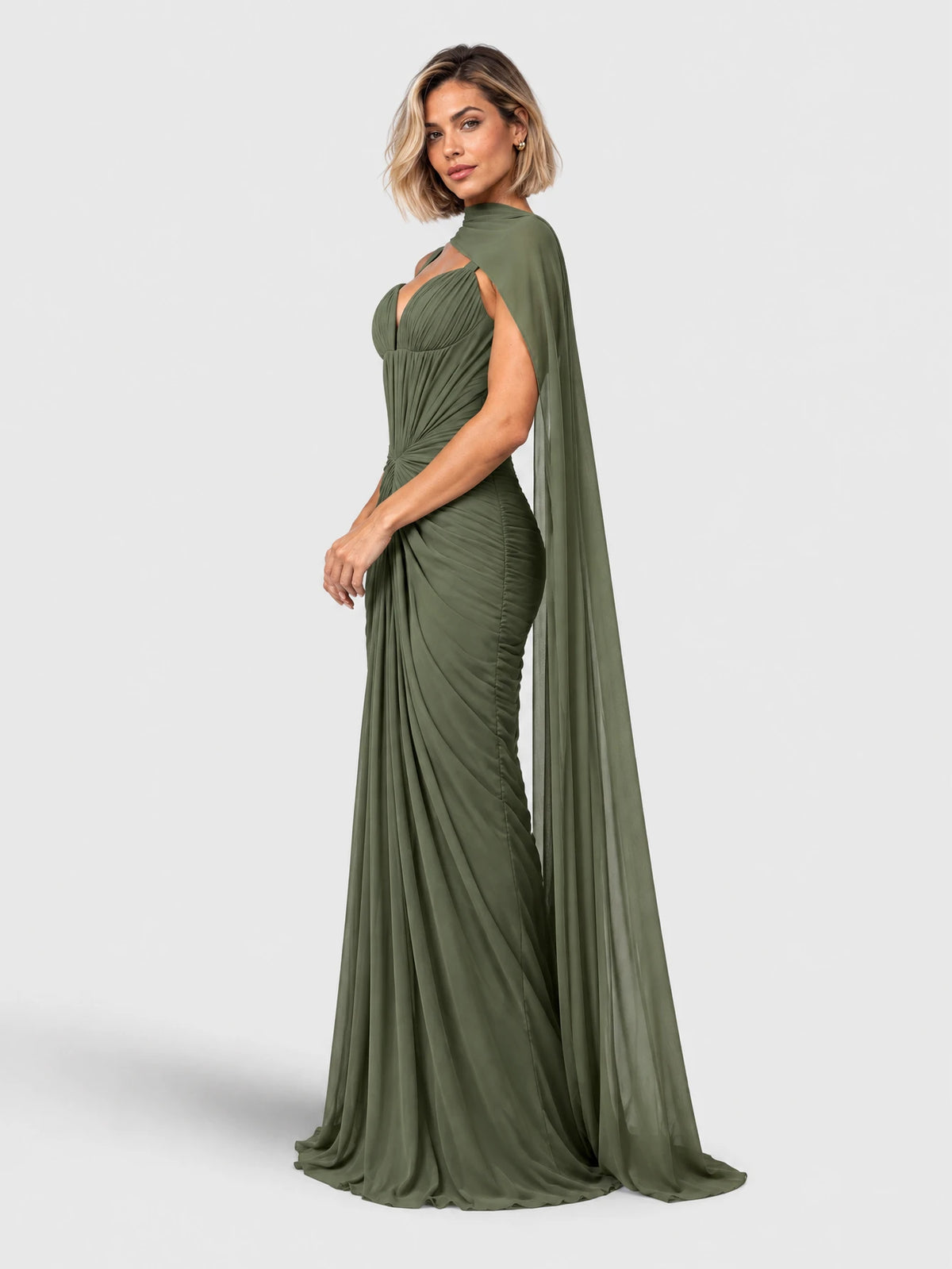 Vestido de Festa Verde Oliva Vestido de Festa Longo Drapeado com Echarpe Monalisa
