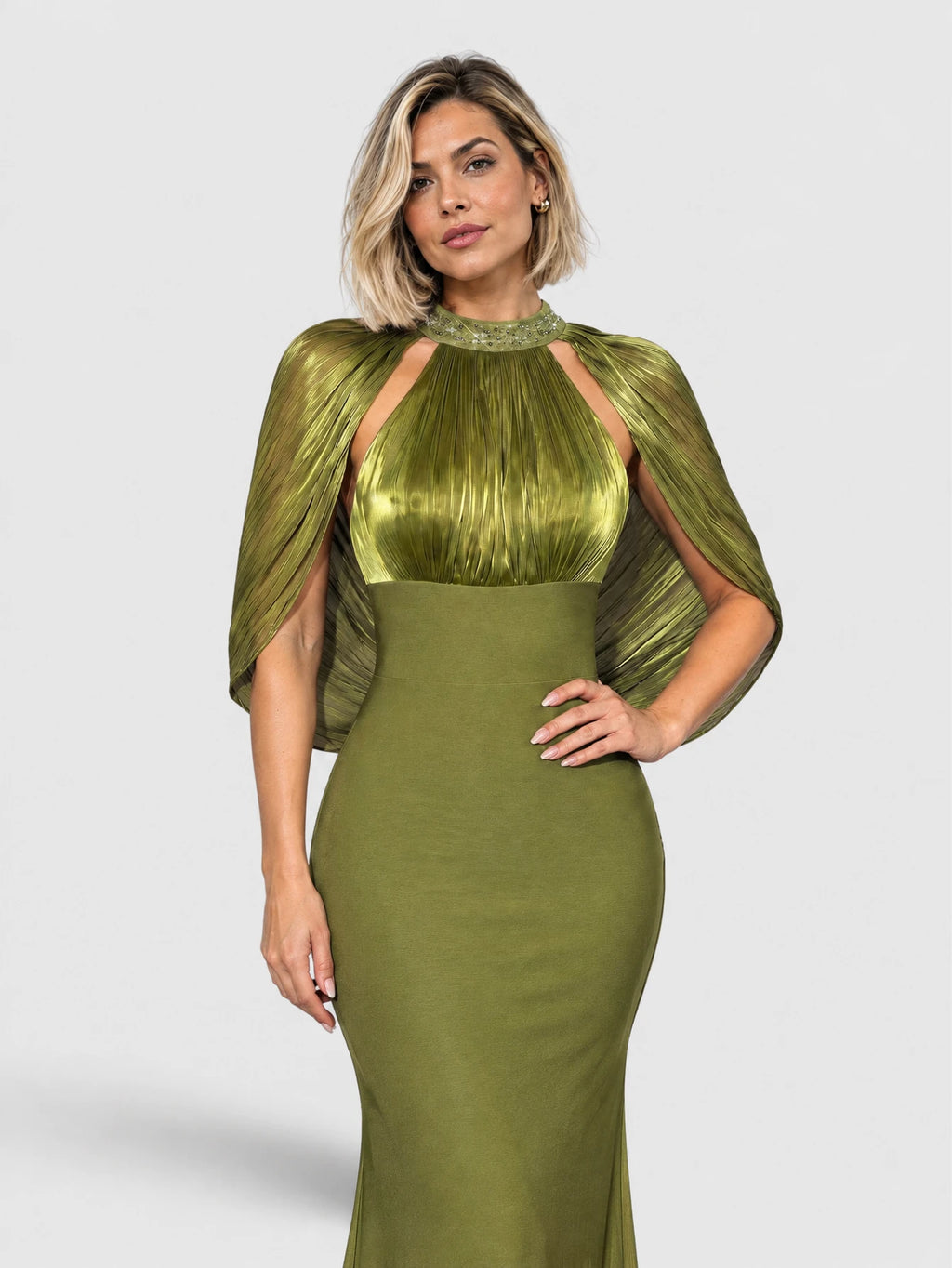 Vestido de festa 155 cm (do ombro até a barra) verde oliva, vista detalhe