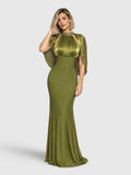 Vestido de Festa Verde Oliva Vestido de Festa Longo Gola Halter Echarpe Luna