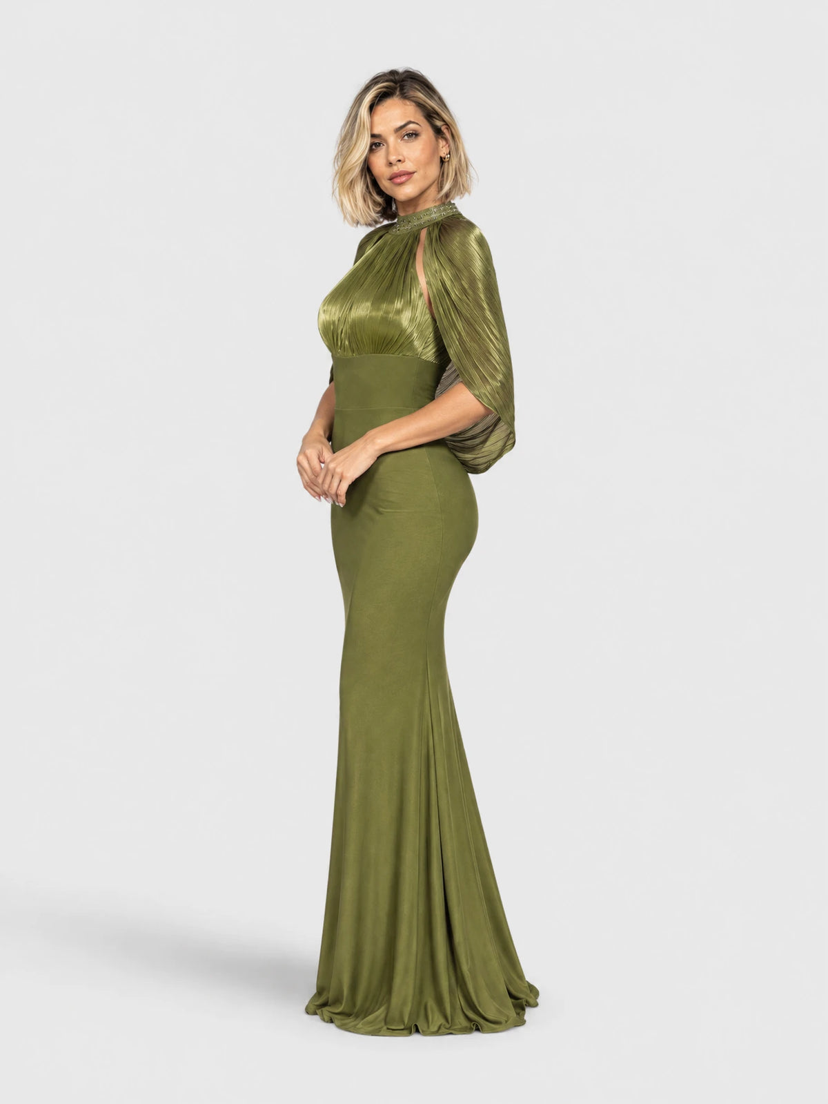 Vestido de festa 155 cm (do ombro até a barra) verde oliva, vista lateral
