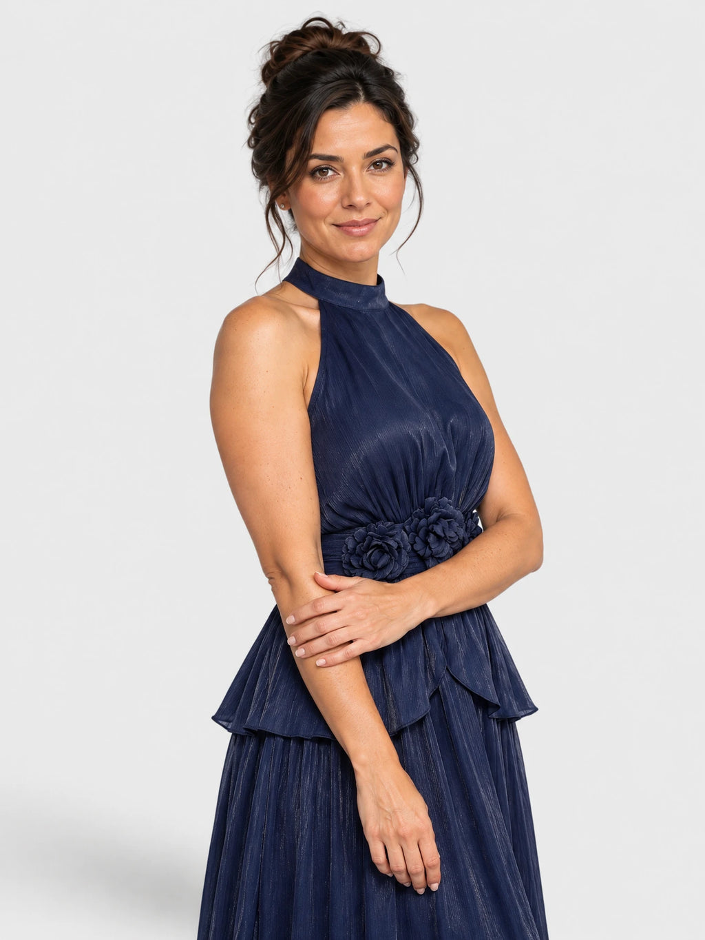 Vestido de Festa Azul Marinho Vestido de Festa Longo Gola Halter Flores Mafisolli