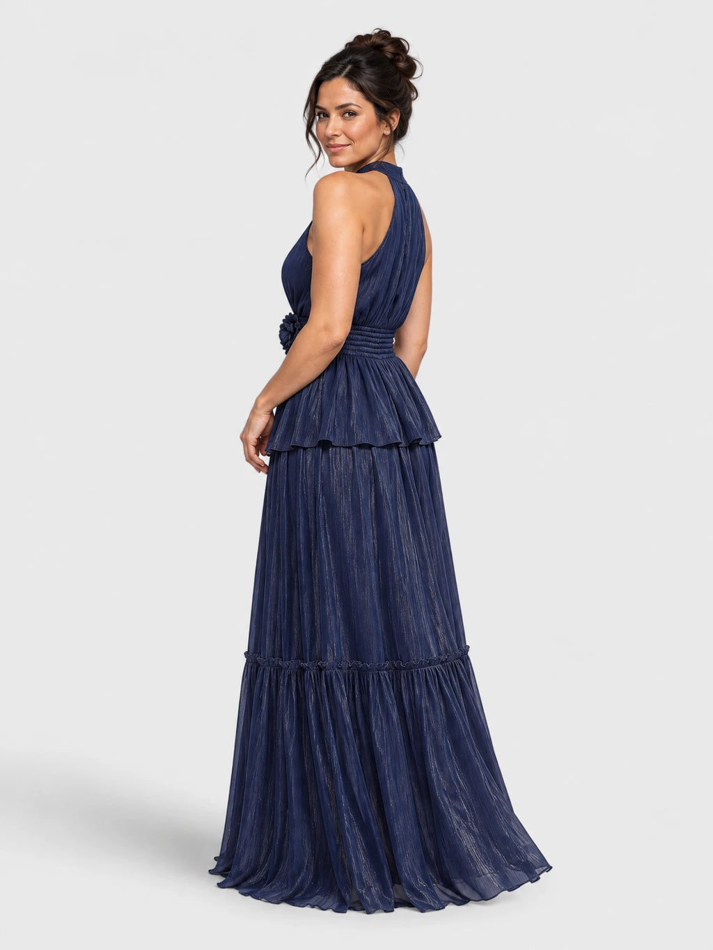 Vestido de Festa Azul Marinho Vestido de Festa Longo Gola Halter Flores Mafisolli