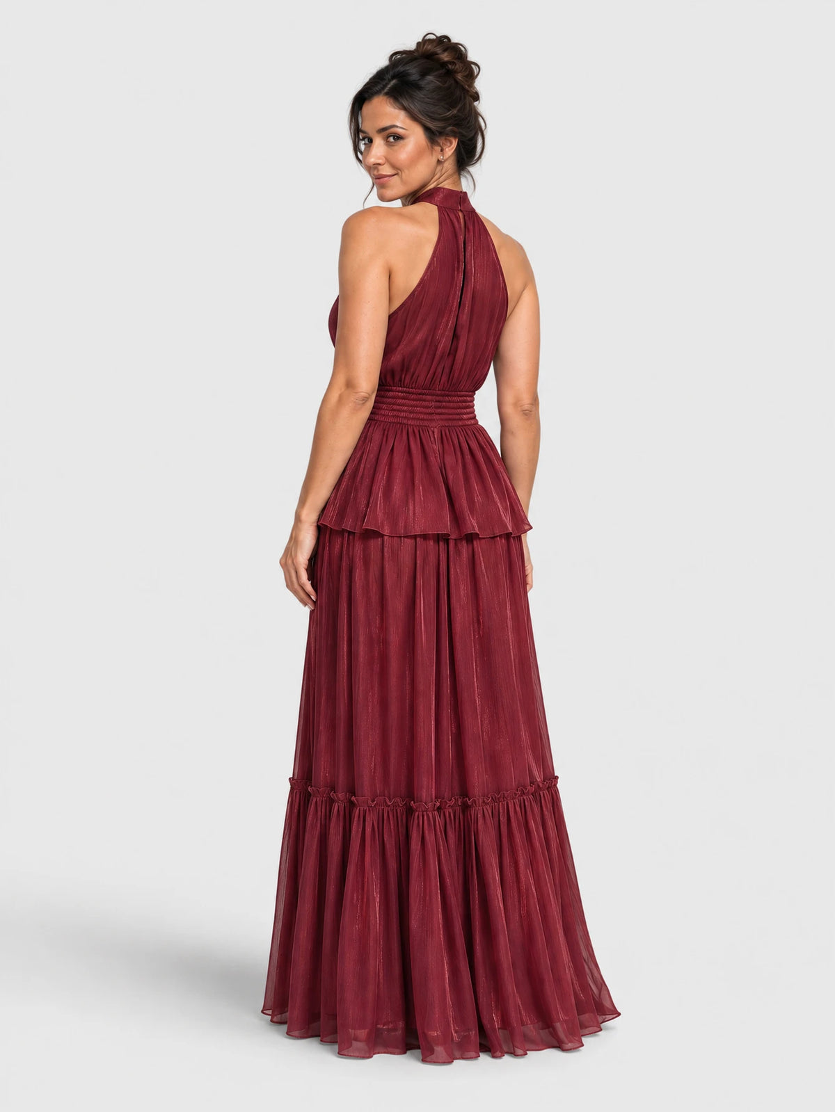 Vestido de Festa Marsala Vestido de Festa Longo Gola Halter Flores Mafisolli