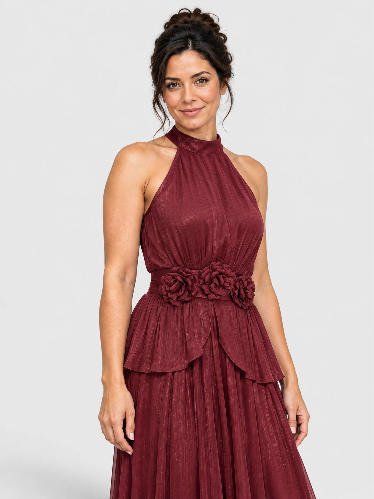 Vestido de Festa Marsala Vestido de Festa Longo Gola Halter Flores Mafisolli