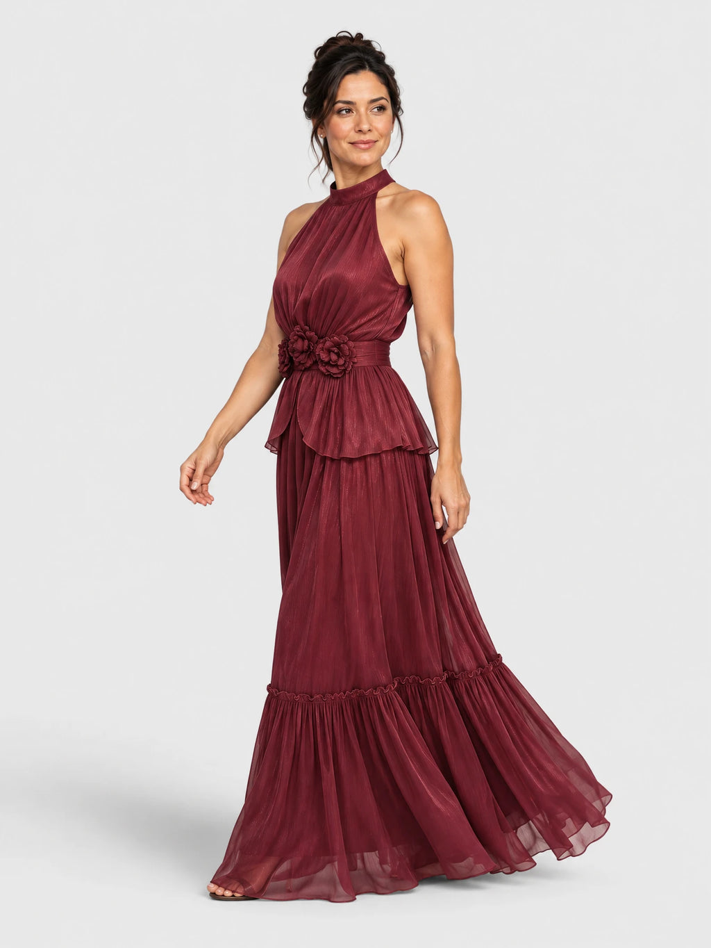 Vestido de Festa Marsala Vestido de Festa Longo Gola Halter Flores Mafisolli