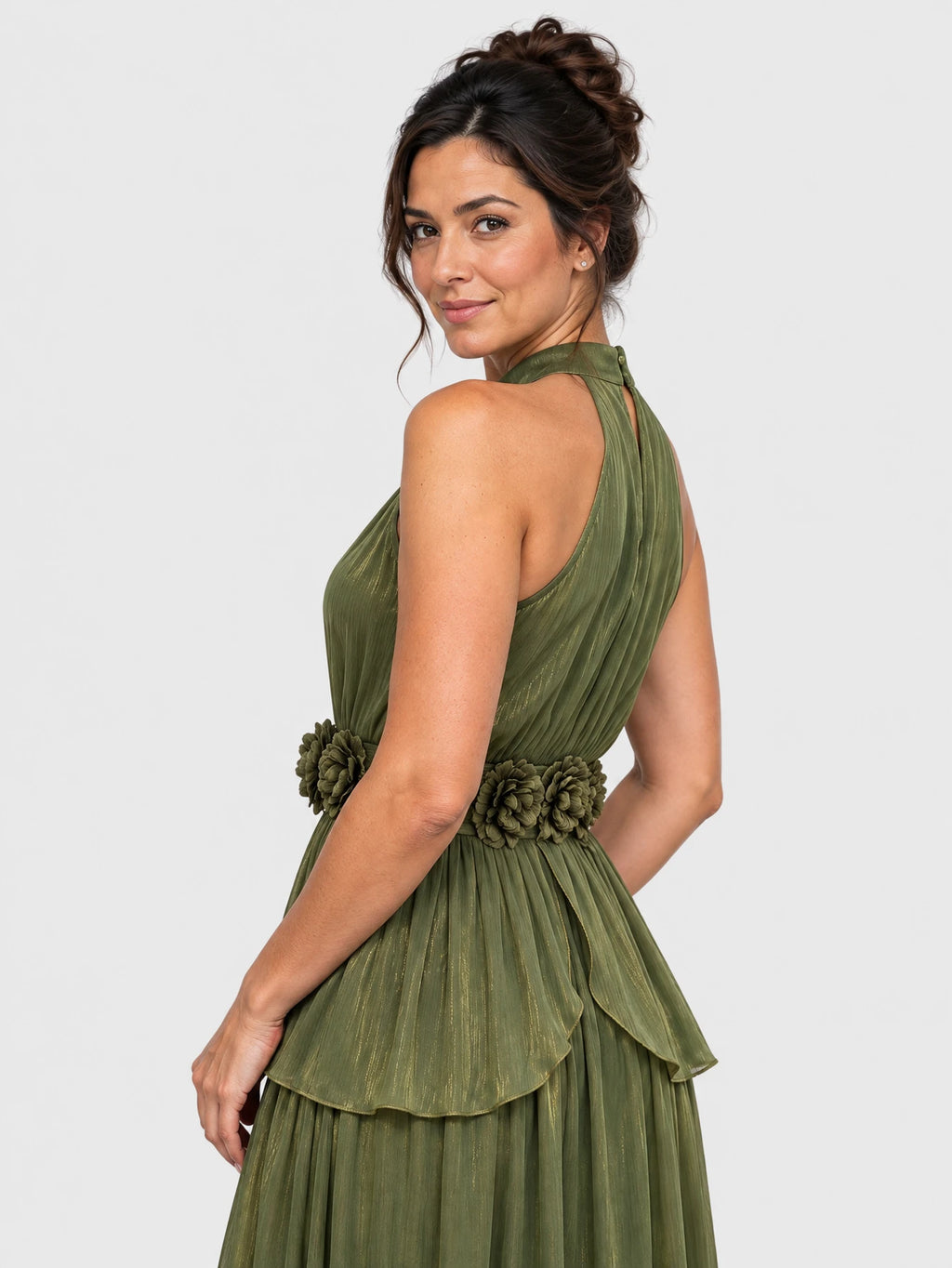 Vestido de Festa Verde Oliva Vestido de Festa Longo Gola Halter Flores Mafisolli