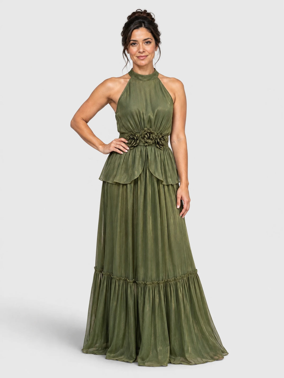 Vestido de Festa Verde Oliva Vestido de Festa Longo Gola Halter Flores Mafisolli