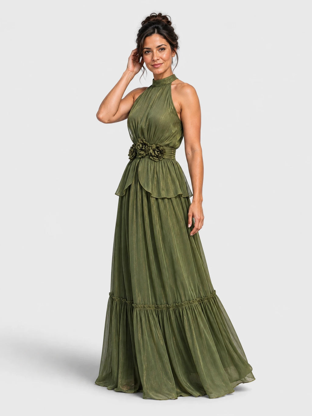 Vestido de Festa Verde Oliva Vestido de Festa Longo Gola Halter Flores Mafisolli