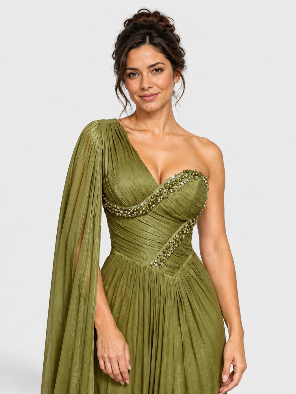 Vestido de Festa Verde Oliva Vestido de Festa Longo Nula Manga com Apliques Mavilla