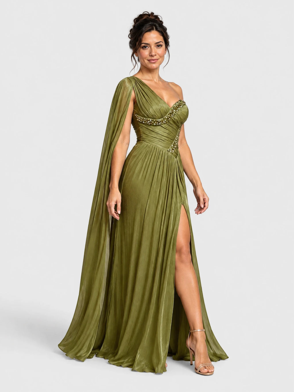 Vestido de Festa Verde Oliva Vestido de Festa Longo Nula Manga com Apliques Mavilla