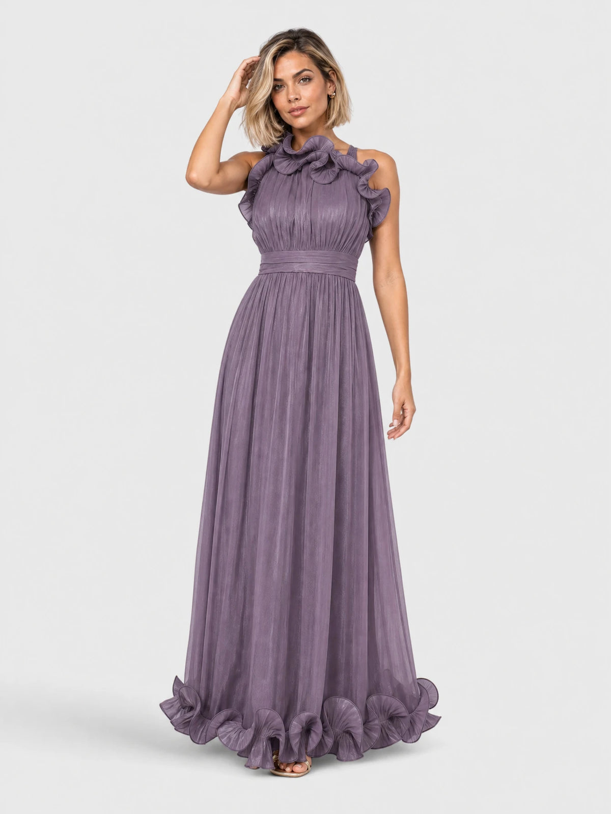 Vestido de Festa Roxo Vestido de Festa Longo Nula Manga Flores