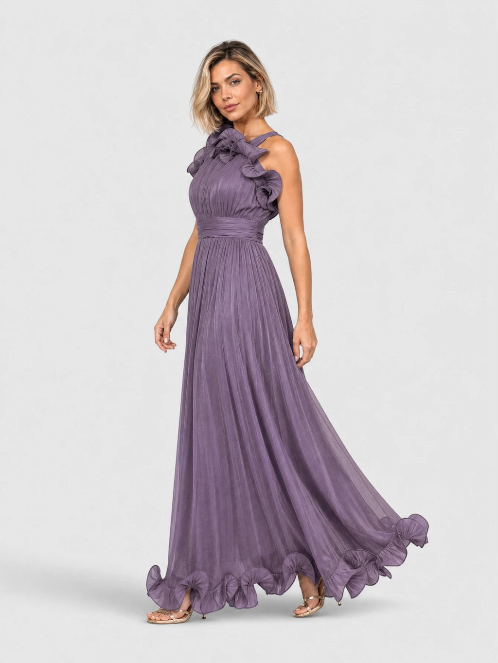 Vestido de Festa Roxo Vestido de Festa Longo Nula Manga Flores