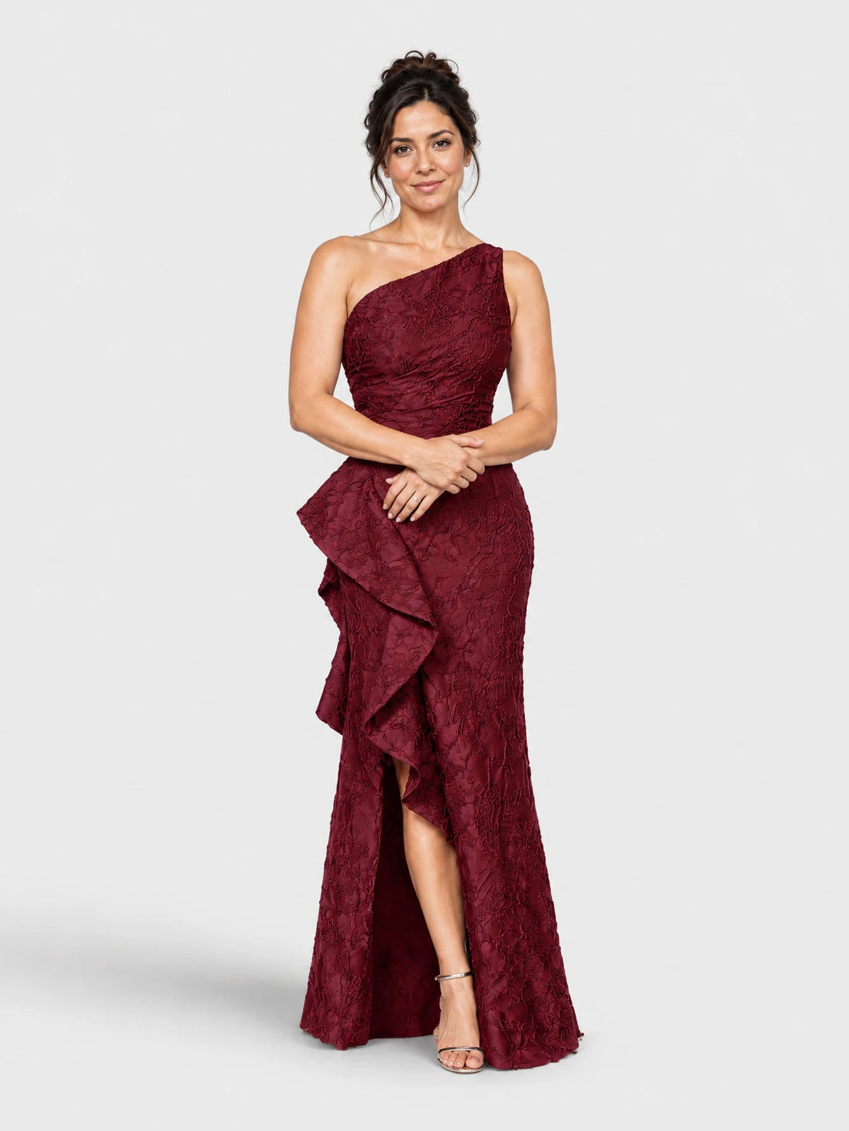 Vestido de Festa Marsala Vestido de Festa Longo Nula Manga Zibeline Floral Relevo