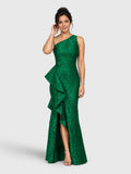 Vestido de festa longo sem mangas em zibeline floral em relevo, verde, vista frontal.