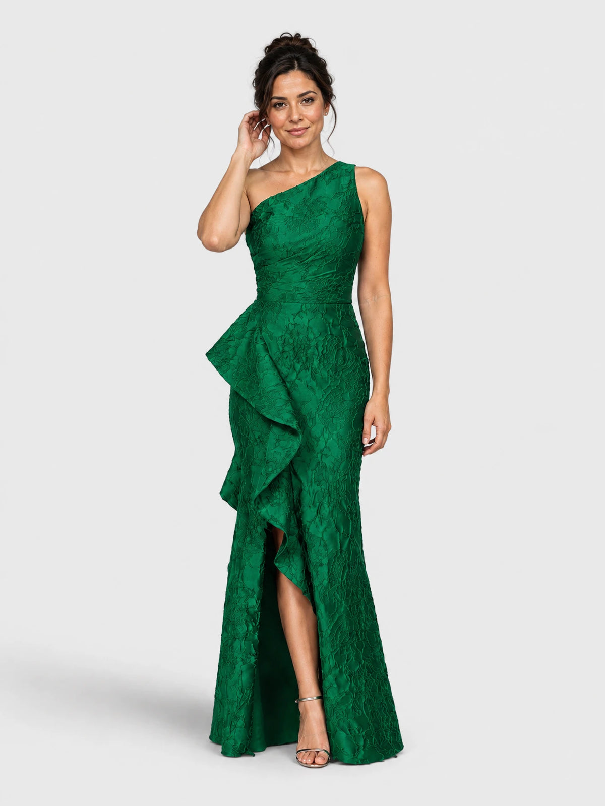 Vestido de festa longo sem mangas em zibeline floral em relevo, verde, vista frontal.