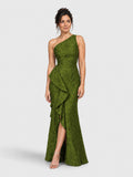 Vestido de Festa Verde Oliva Vestido de Festa Longo Nula Manga Zibeline Floral Relevo
